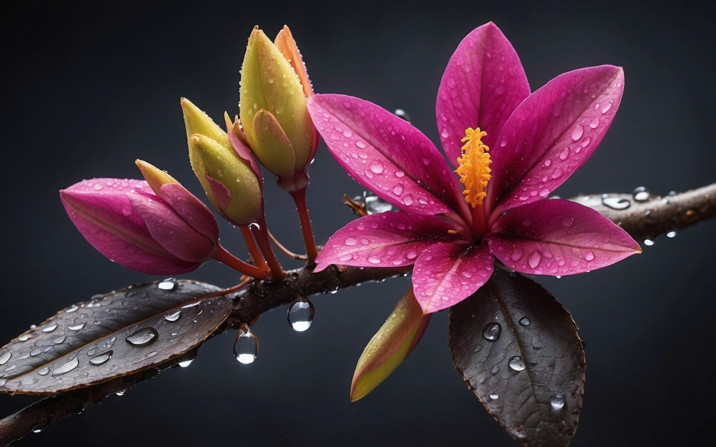 Розовый весенний цветок на ветке с бутонами в каплях дождя