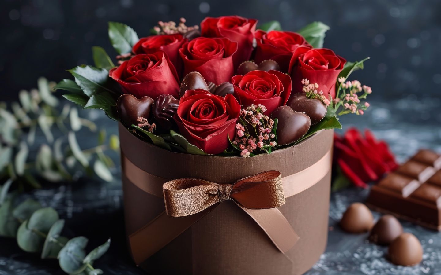 Красные розы в коробке с конфетами