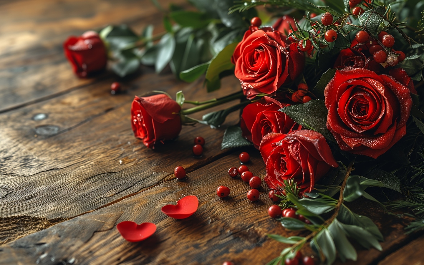 Красные необычные розы на деревянном столе