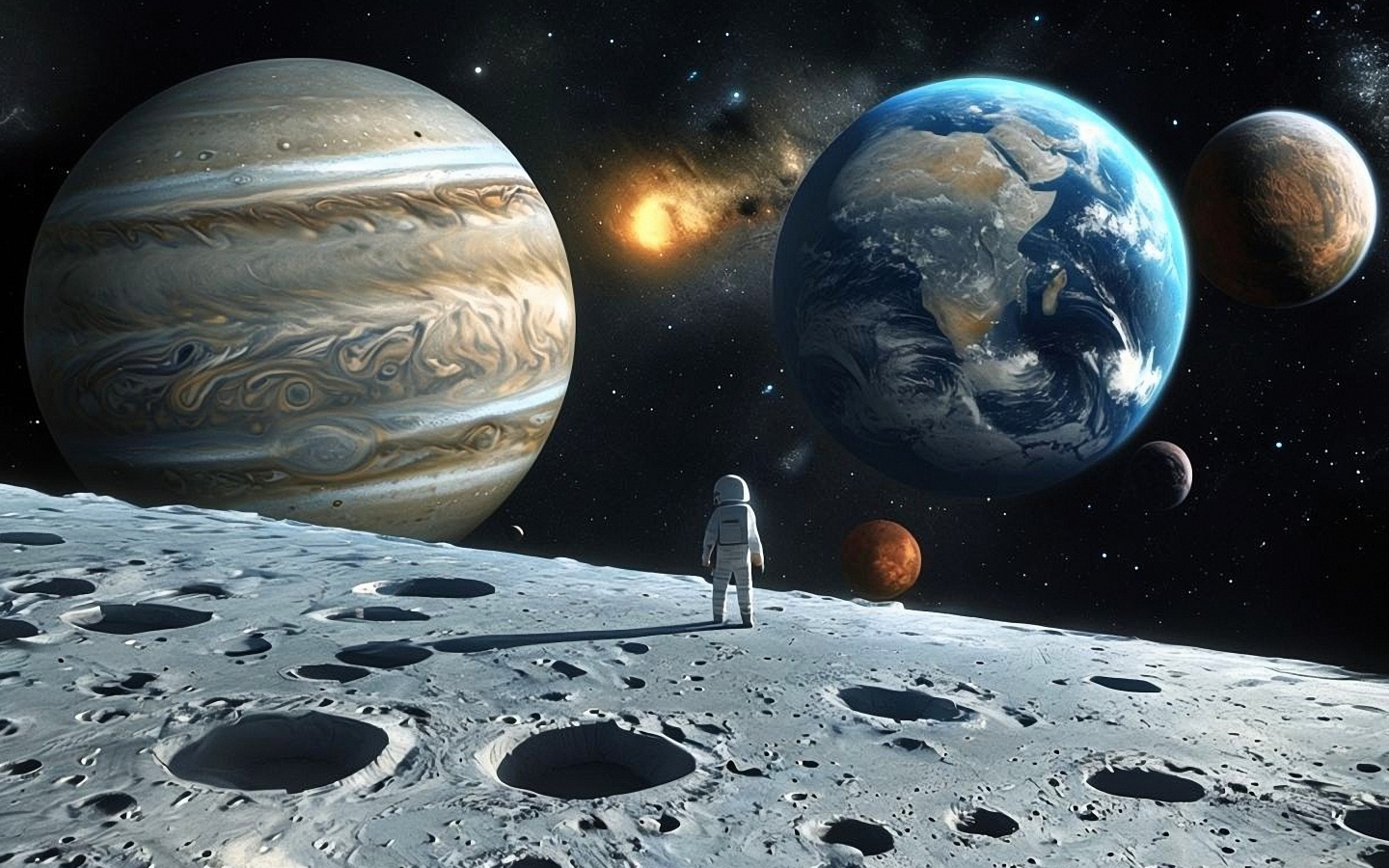 Астронавт в космосе смотрит на планеты