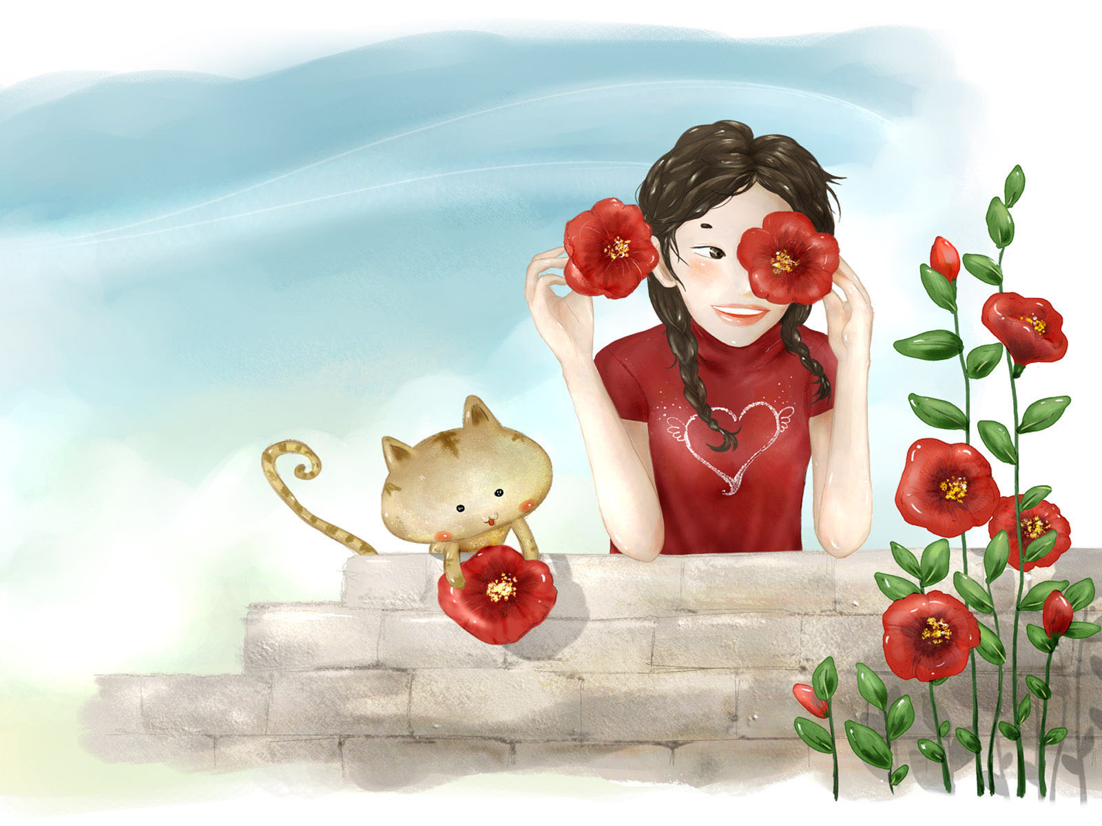 Дружеская пара с цветами