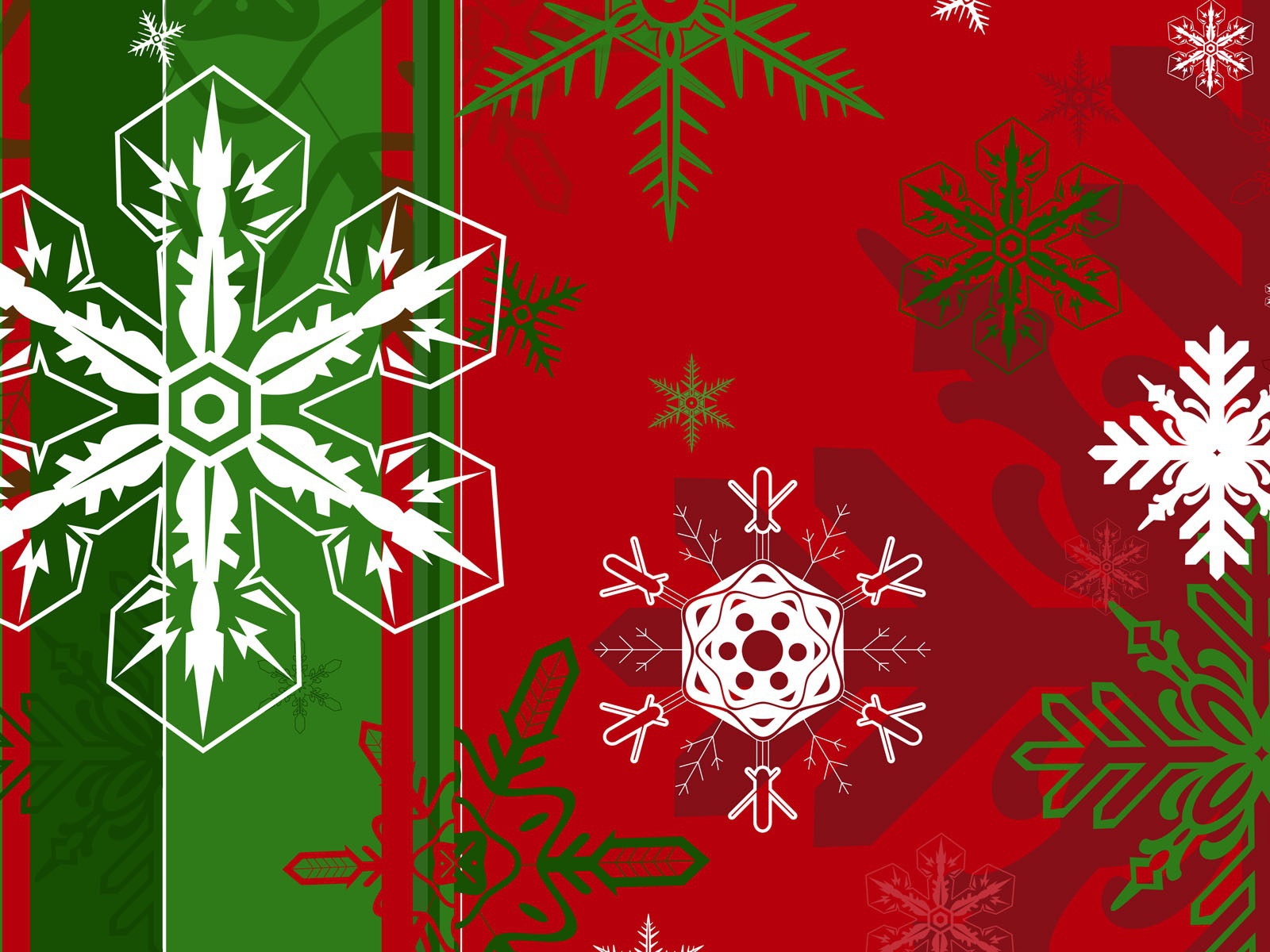 Снежинки разной формы на зелёно-красном фоне на рождество