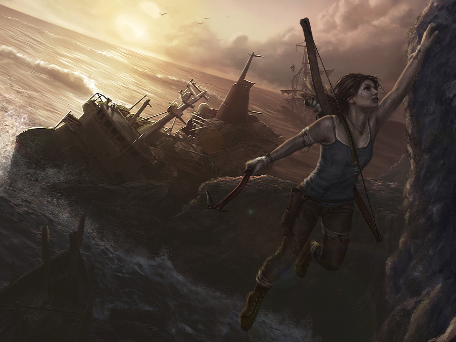 Девушка с луком висит на скале