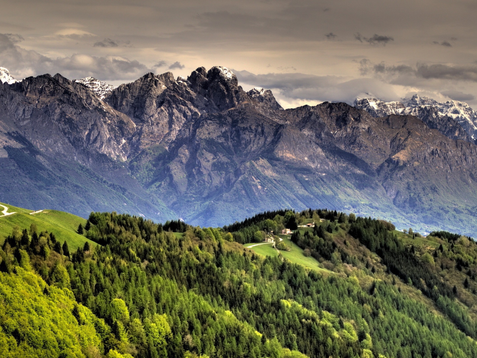 Горный пейзаж с дорогой и лесом