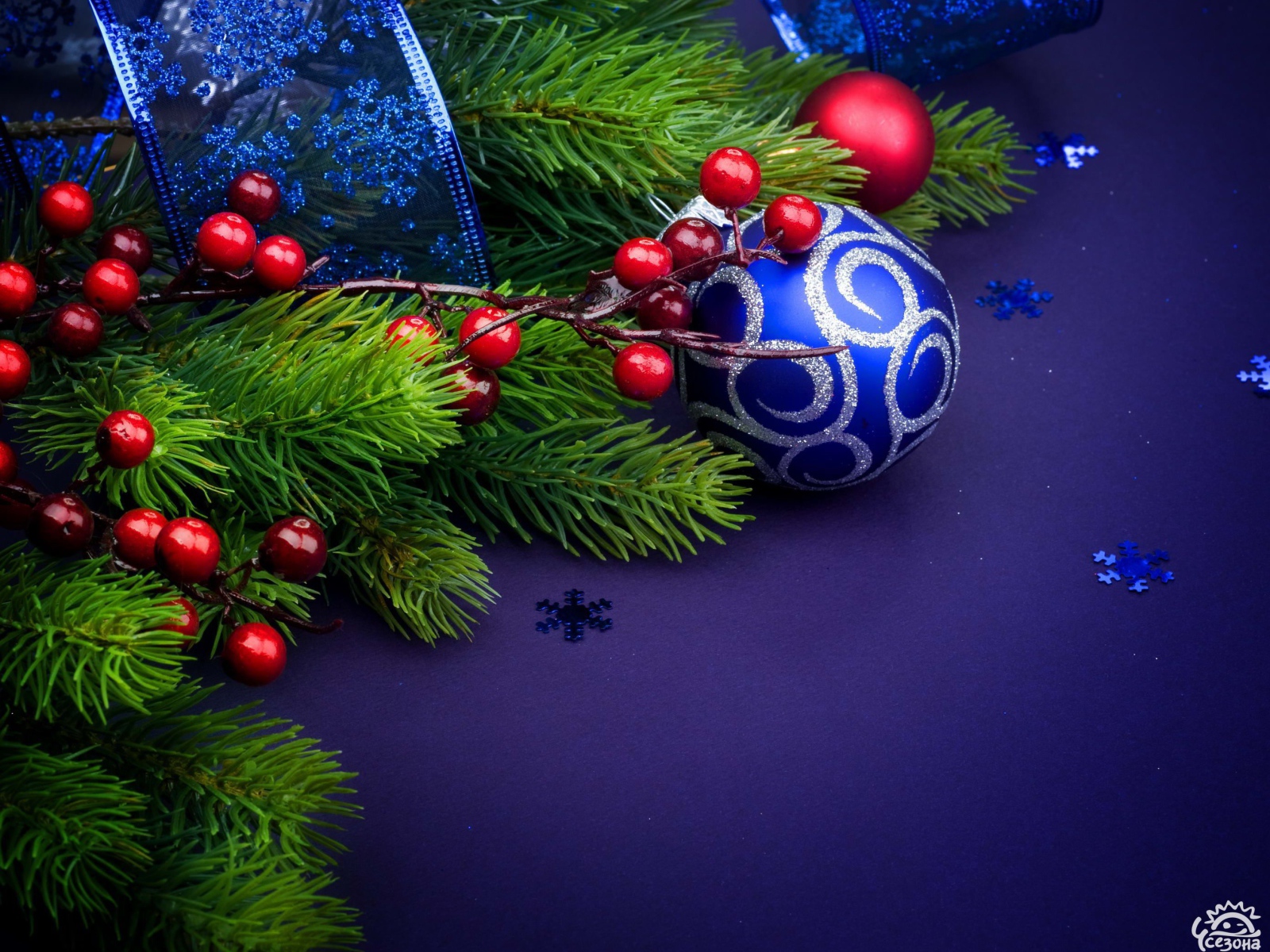 Ёлочная ветка и синяя игрушка