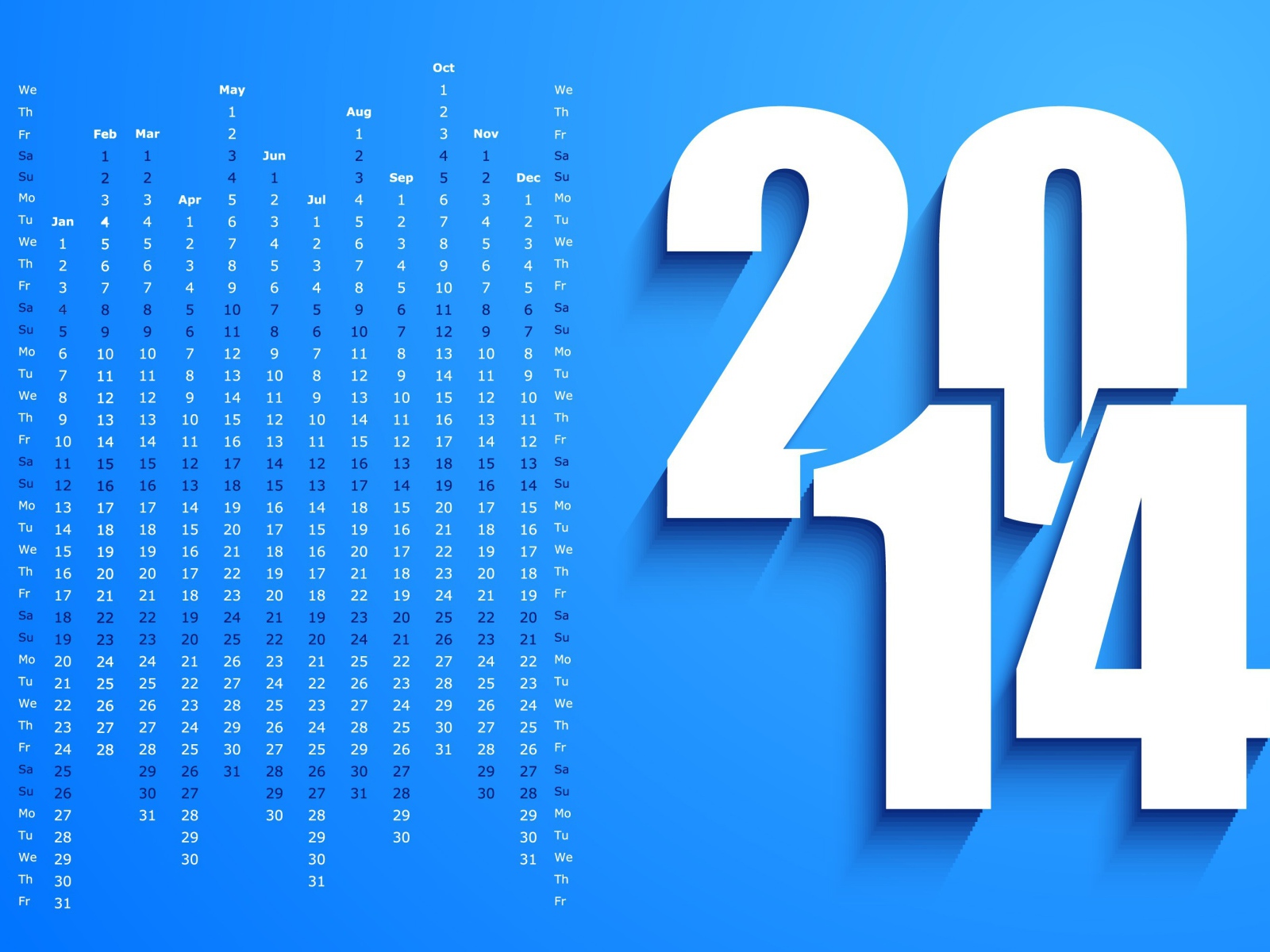 Новый год 2014, календарь на голубом фоне