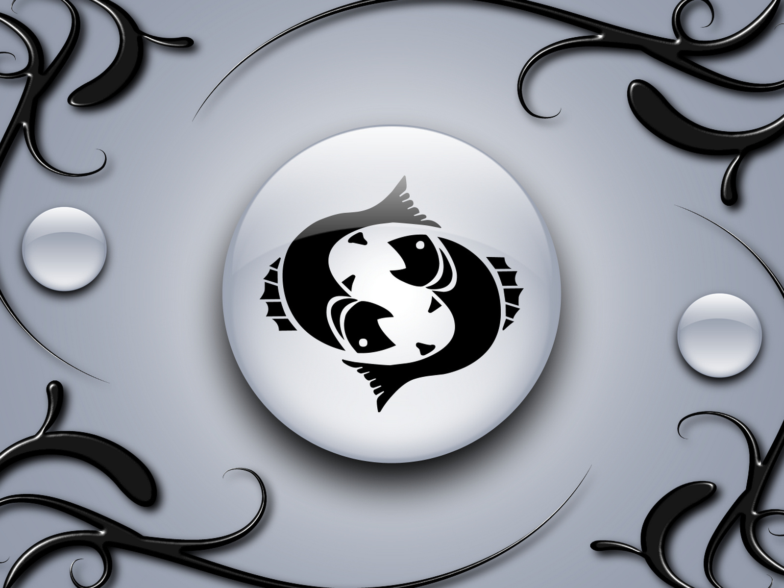 Знак рыбы на сером фоне с чёрным орнаментом 