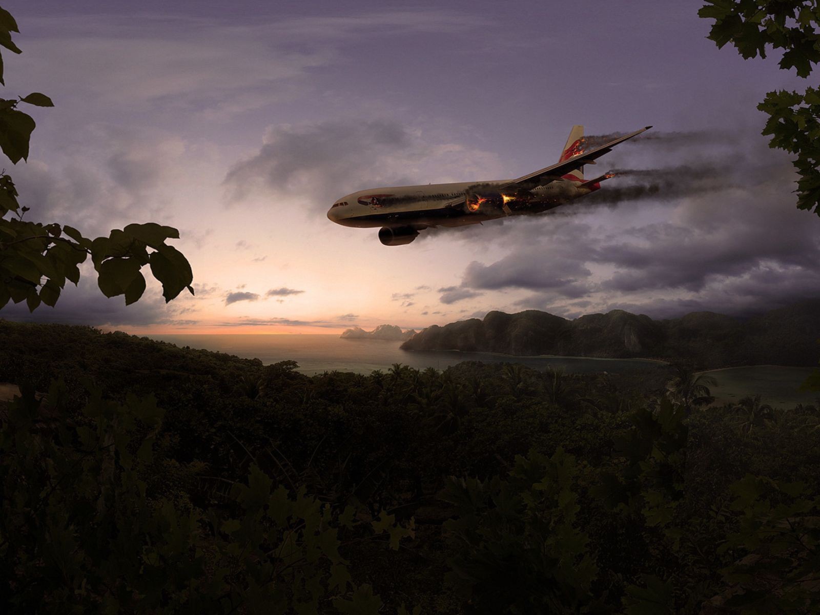 Горящий самолет идет на посадку