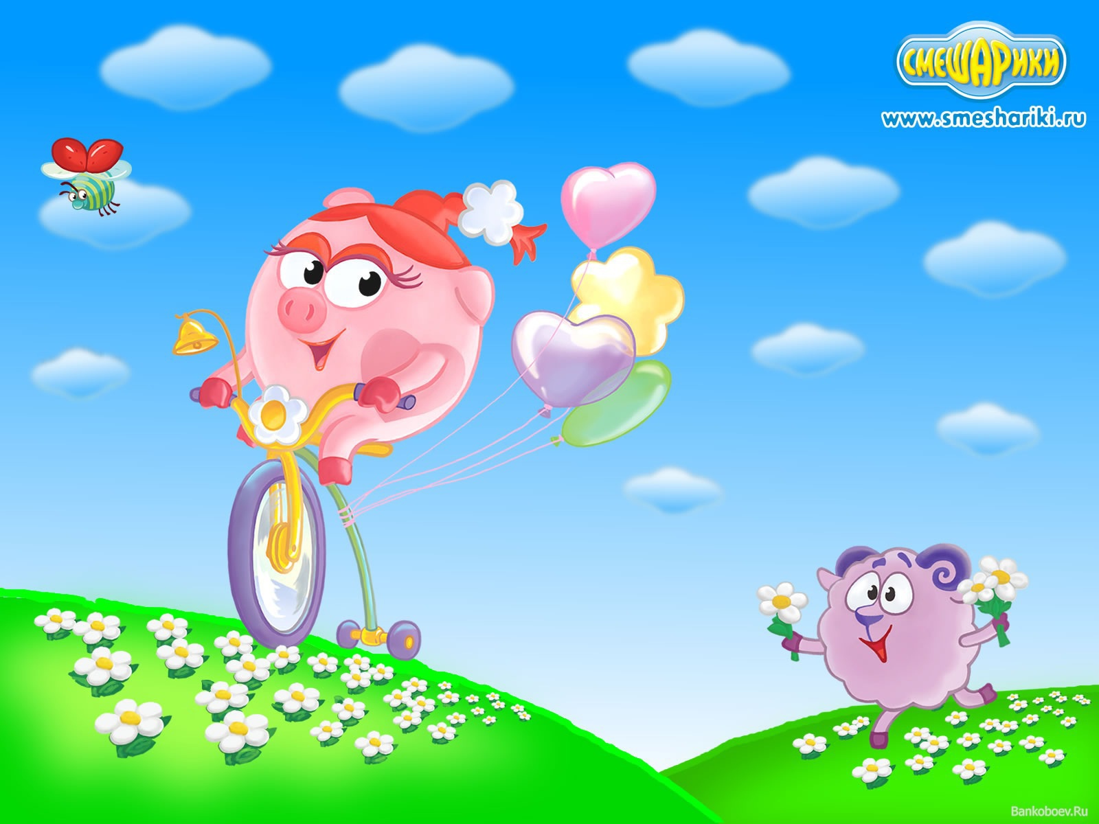 Нюша на велосипеде в мультфильме Смешарики