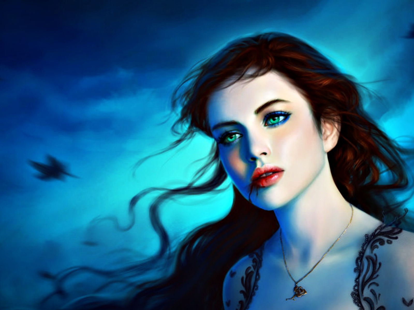 На фоне неба девушка вампир