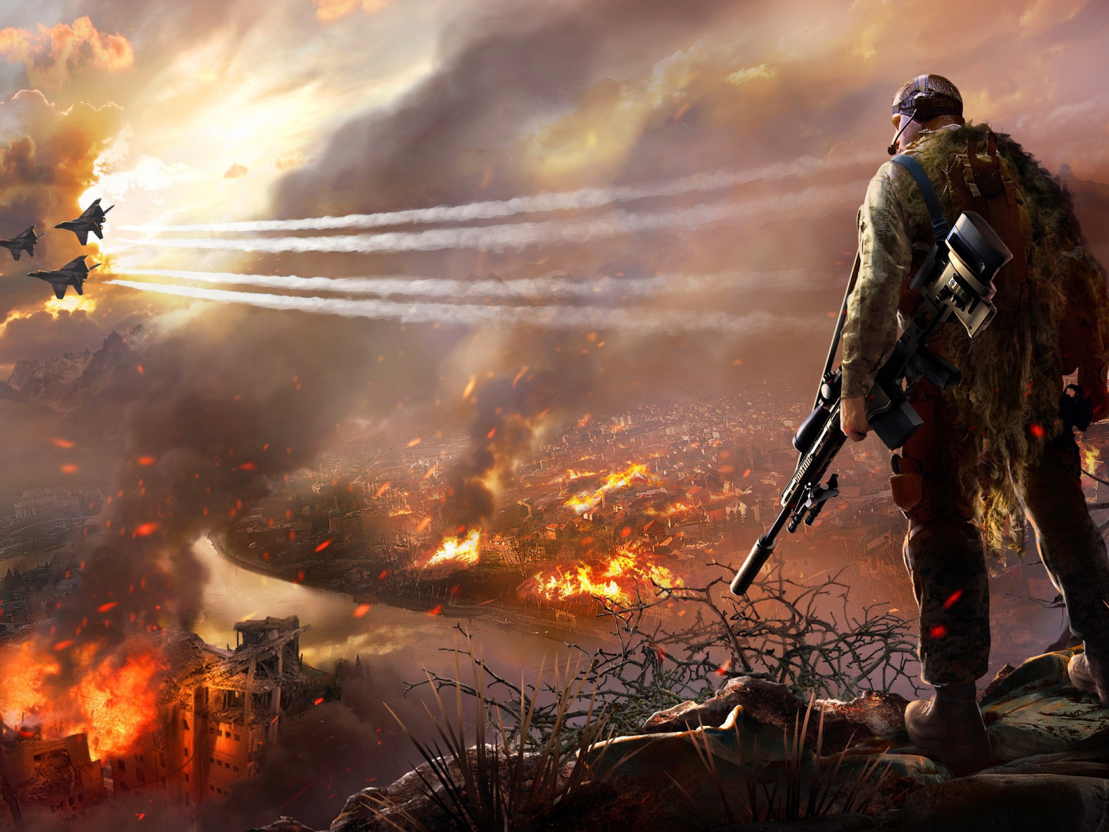 Снайпер смотрит на горящий город