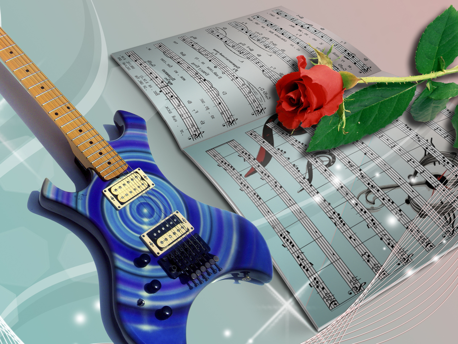 	   Guitar and rose on the notes