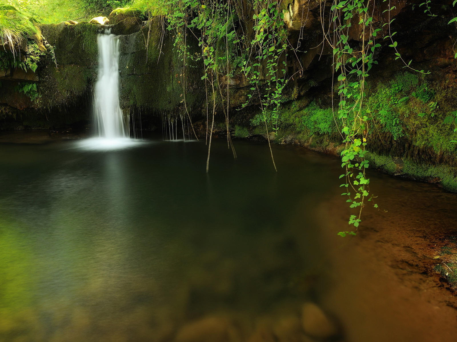 Водопад среди зеленой травы