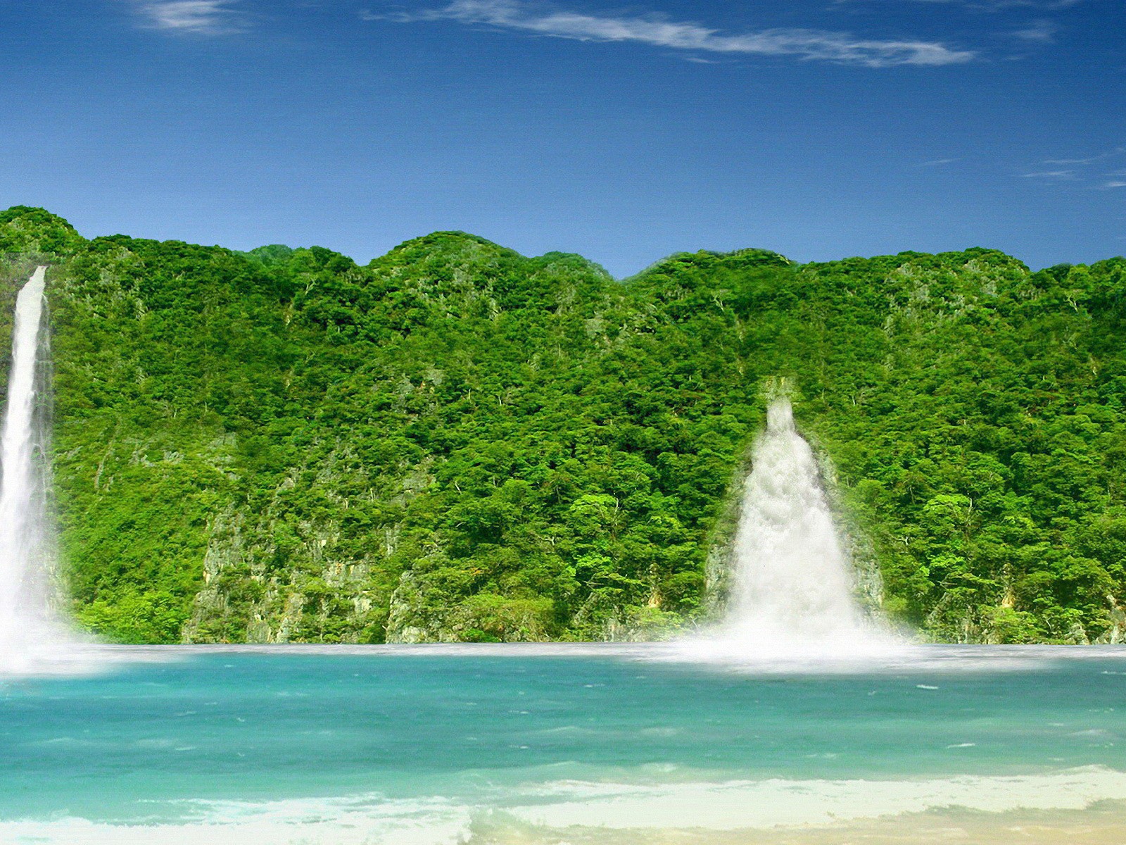 Водопады на зеленом берегу