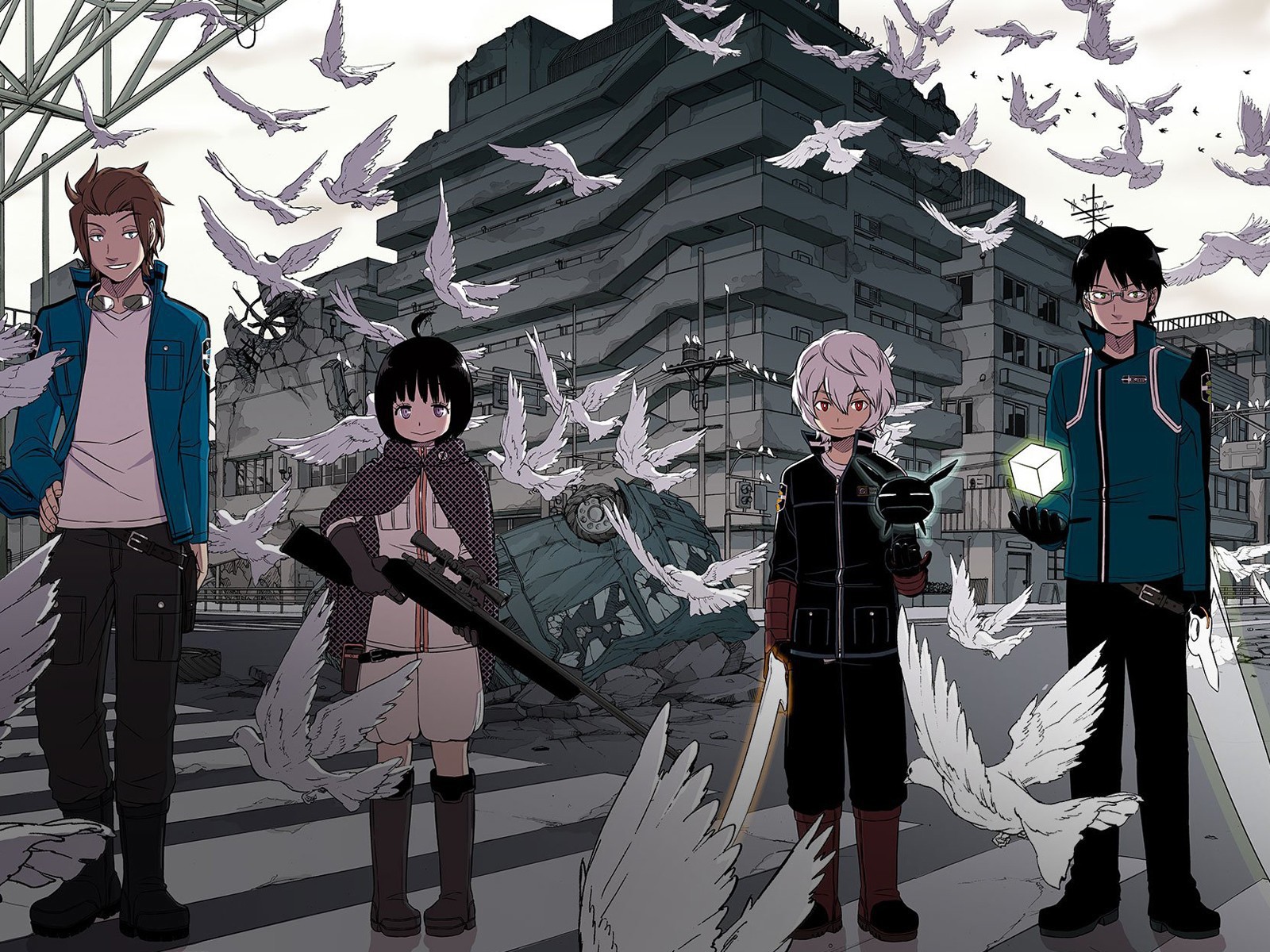Аниме персонажи с оружием среди голубей