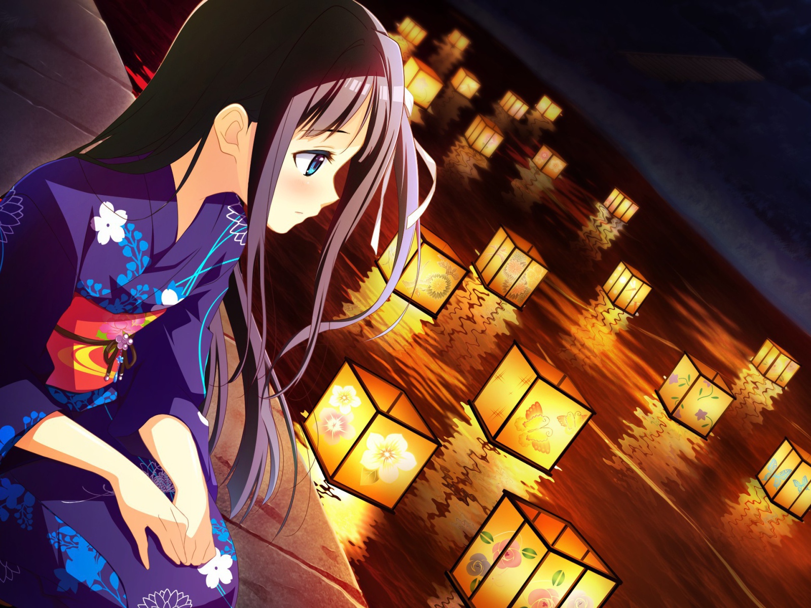Аниме девушка в кимоно смотрит на фонарики