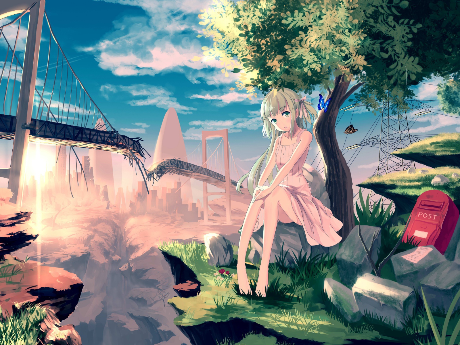 Аниме девушка на фоне разрушенного моста