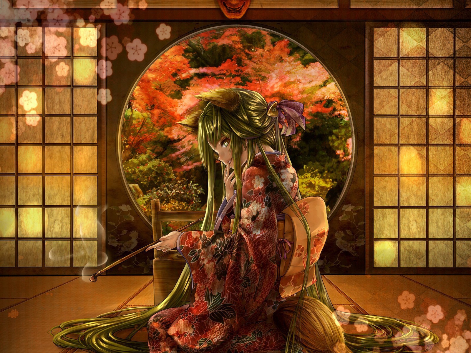 Аниме девушка с горящей бамбуковой палочкой