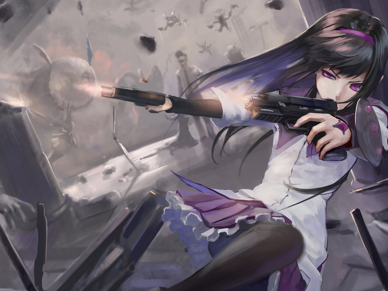 Девушка стреляет из пистолетов, аниме Девочка-волшебница Мадока