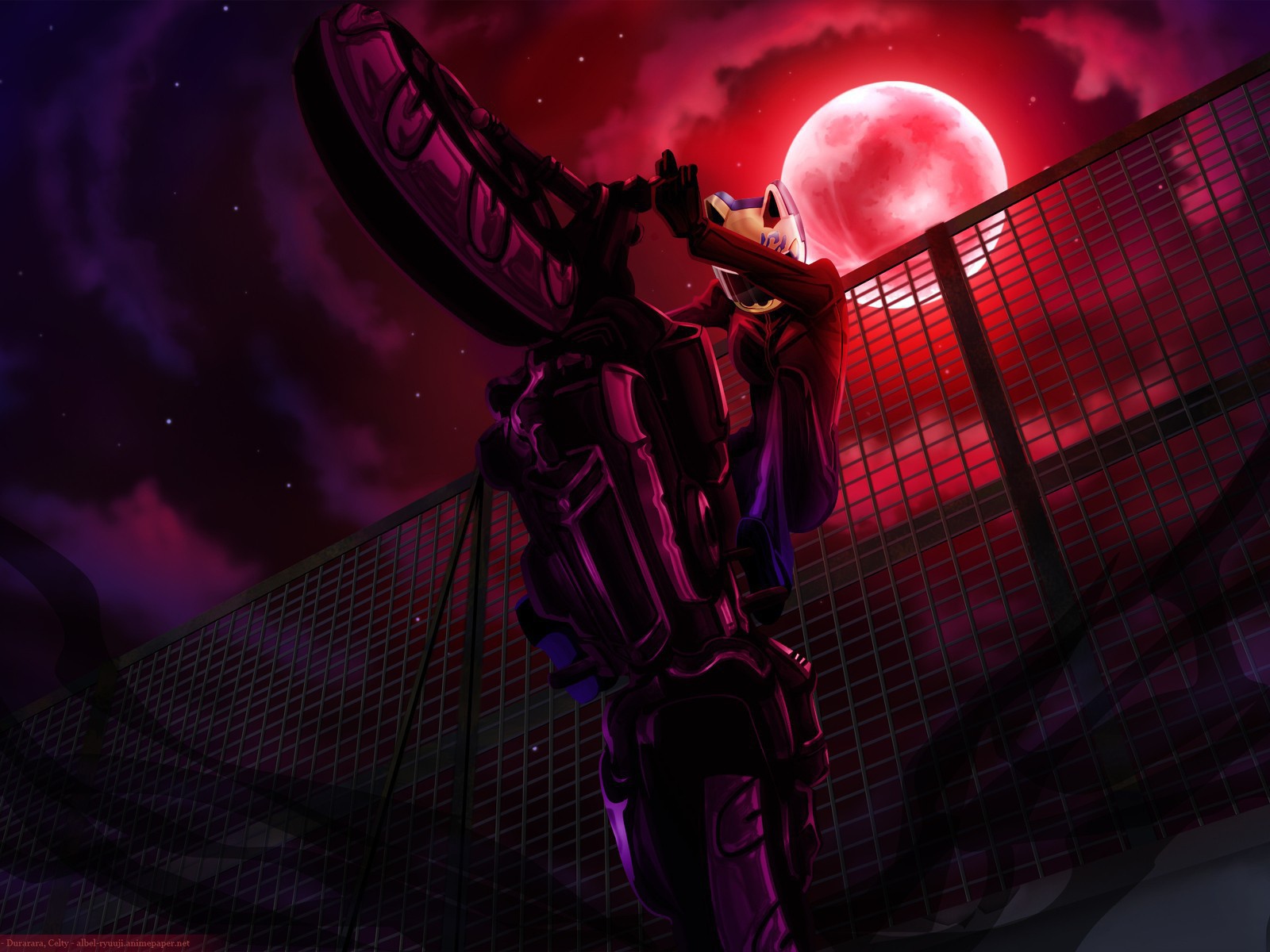 Мотоциклист на фоне красной луны в аниме