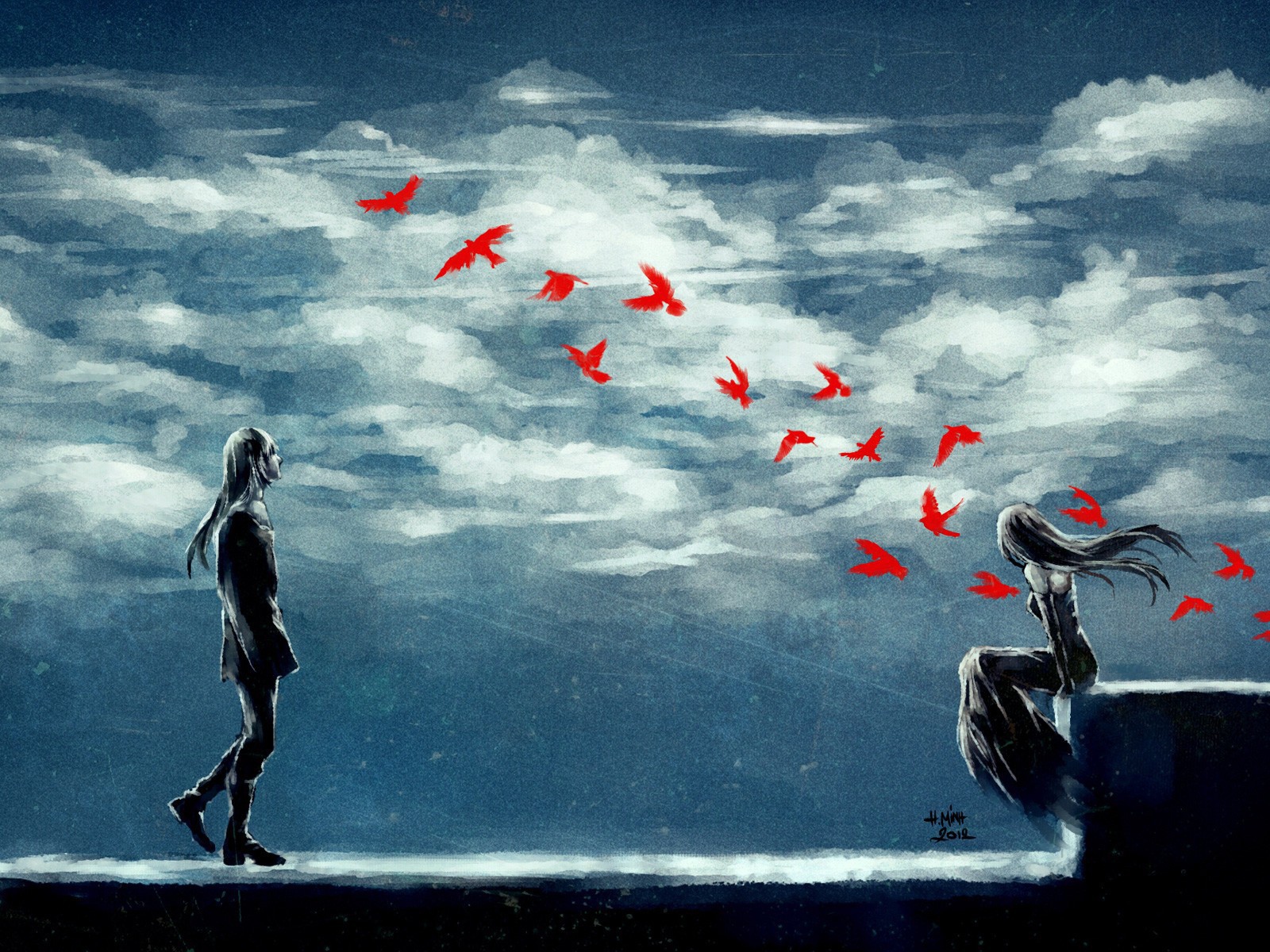 Двое смотрят на стаю красных птиц, аниме