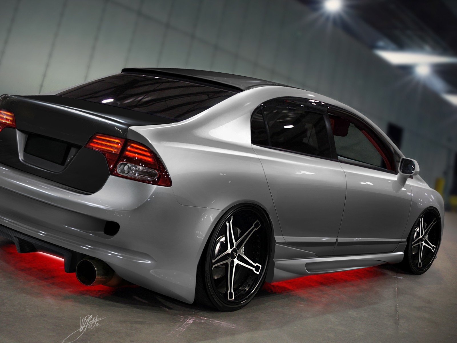 Красный неоновый свет в автомобиле Хонда Цивик