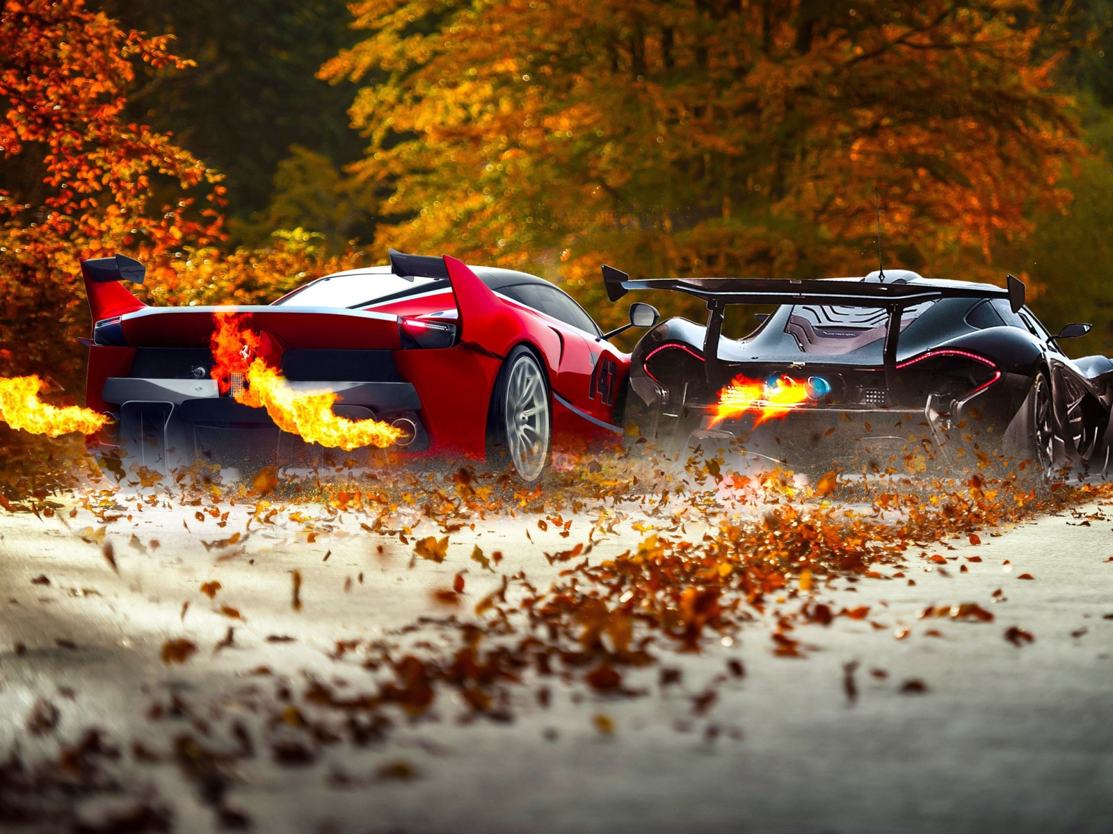 Гонка на осенней аллее Ferrari FXXK и McLaren P1