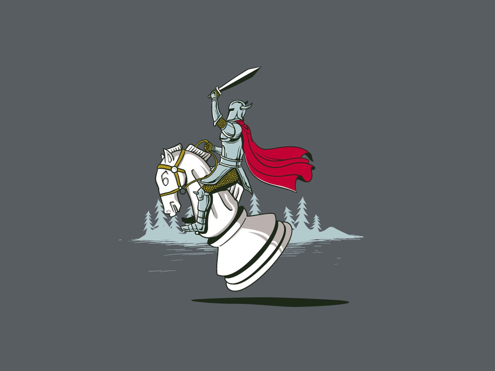 Рыцарь скачет на шахматном коне, серый фон