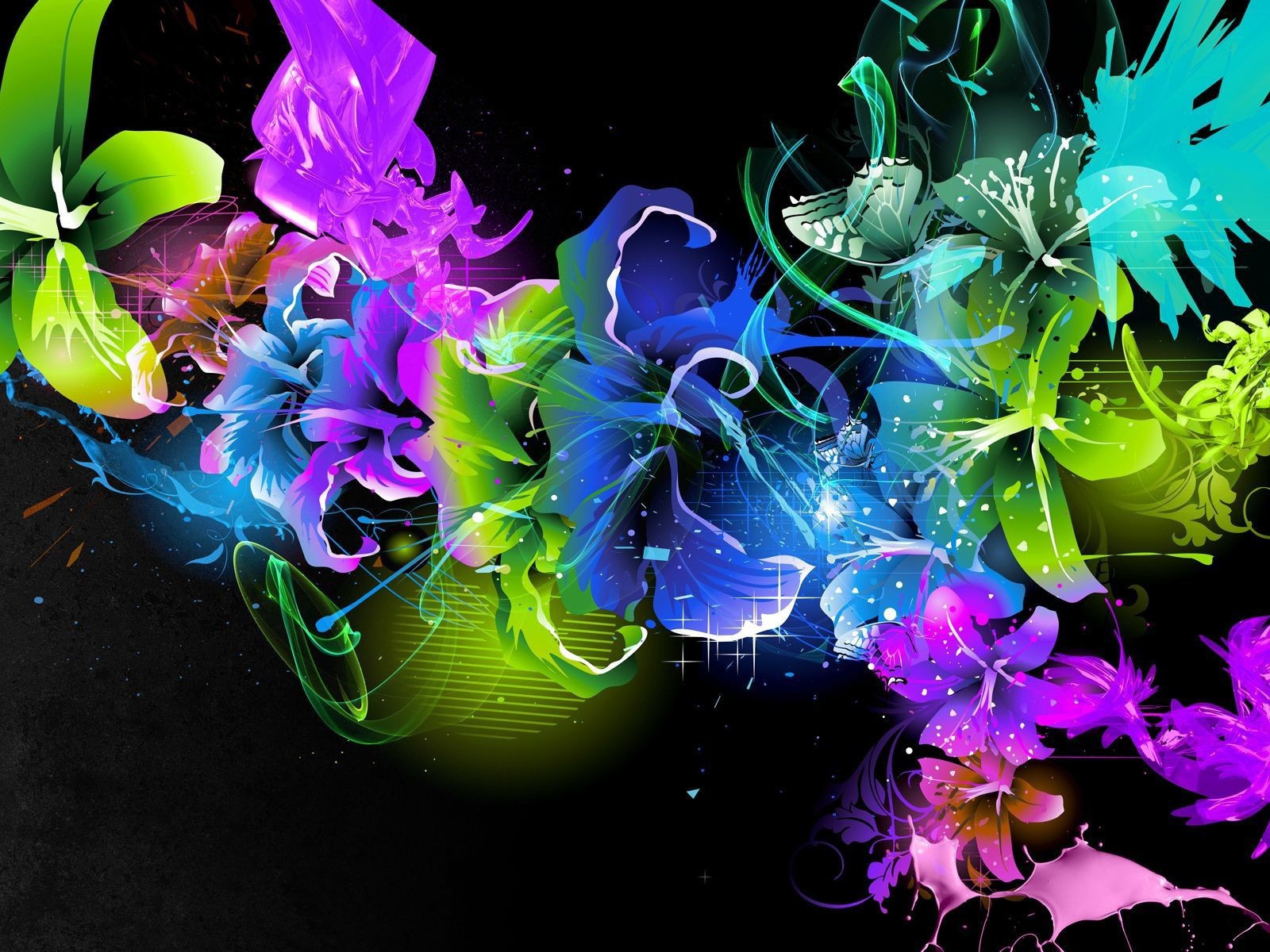 Орнамент из ярких цветов на черном фоне