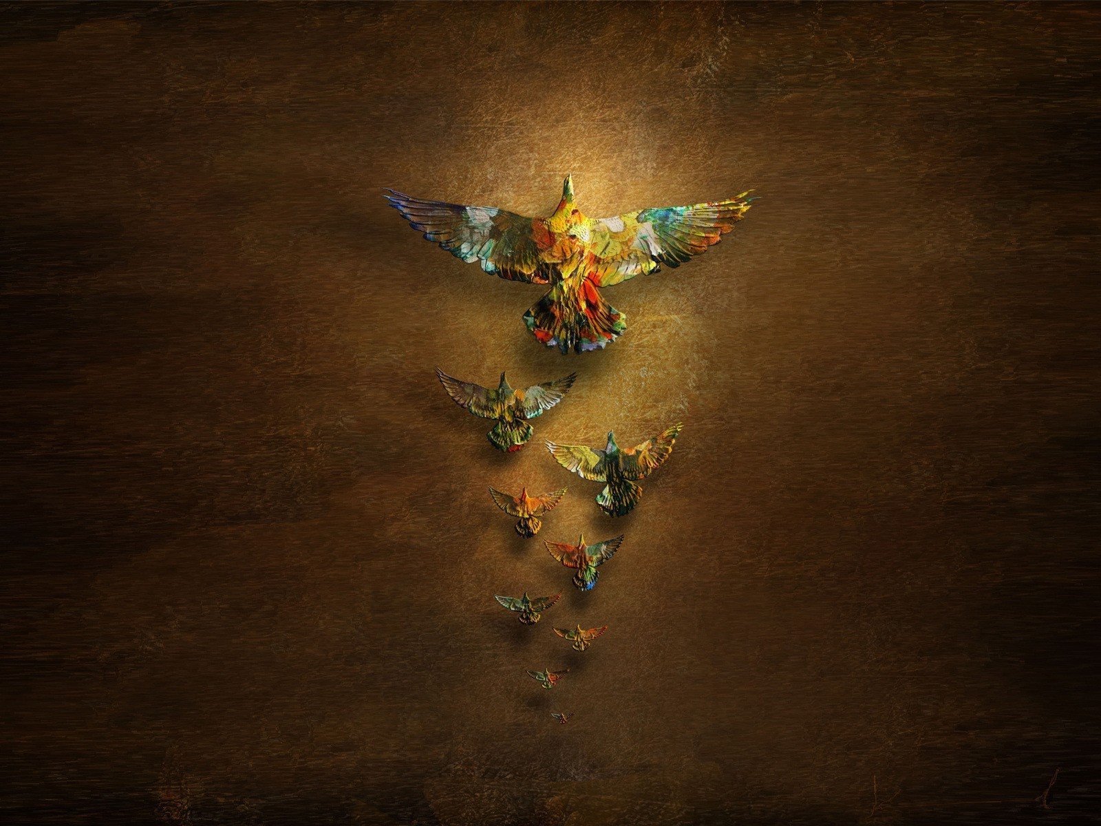 Радужные птицы на коричневом фоне