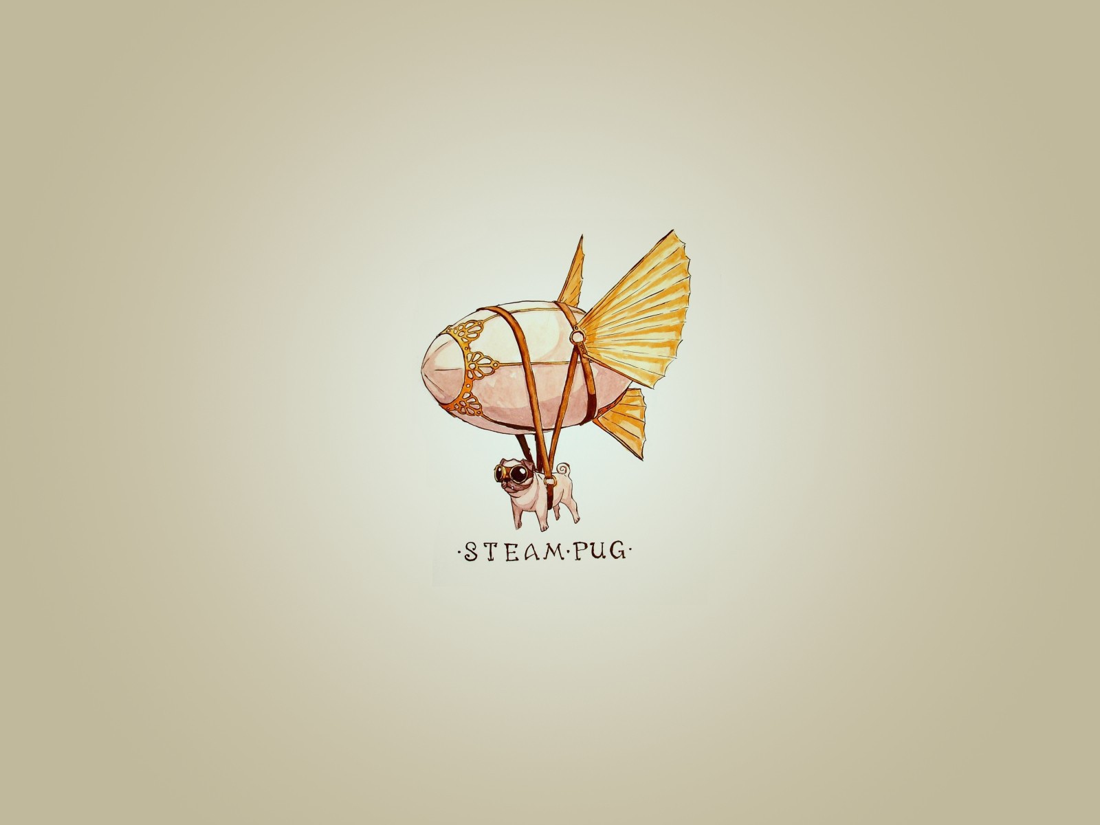 Мопс на дирижабле, серый фон