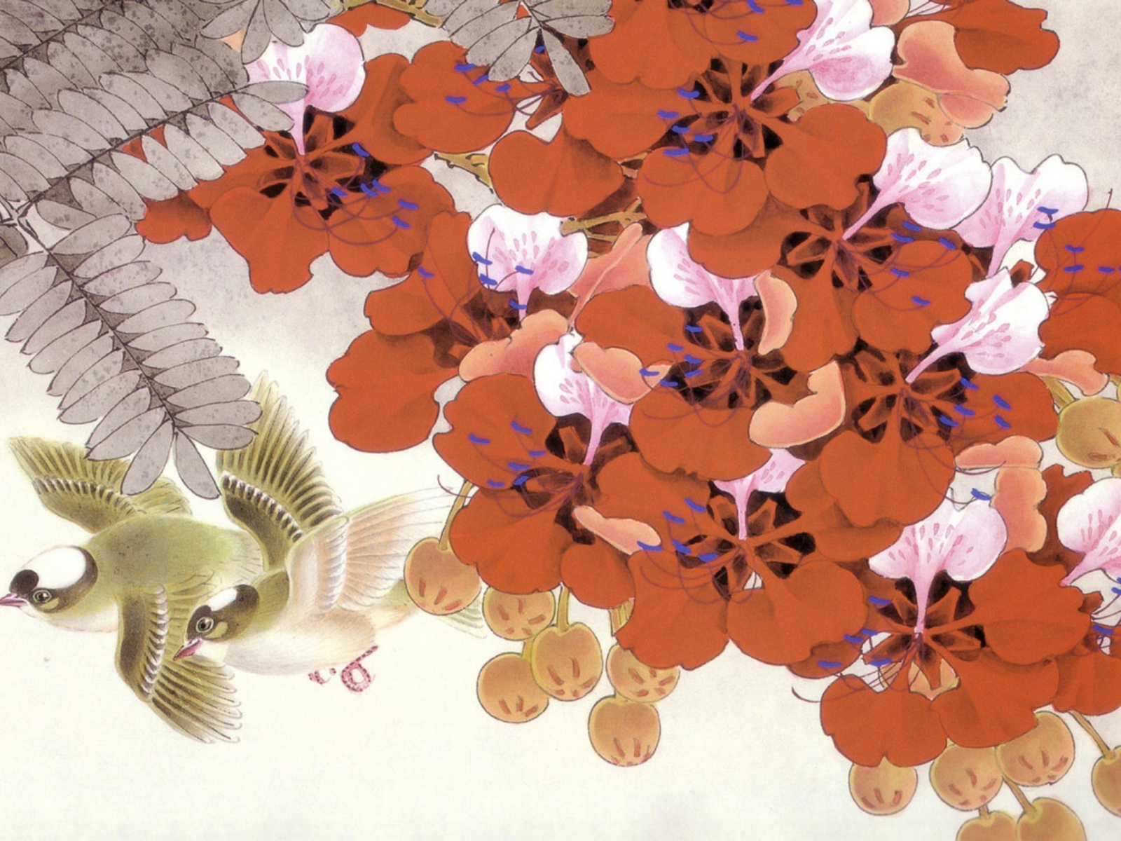 Птицы среди красных цветов, японская живопись