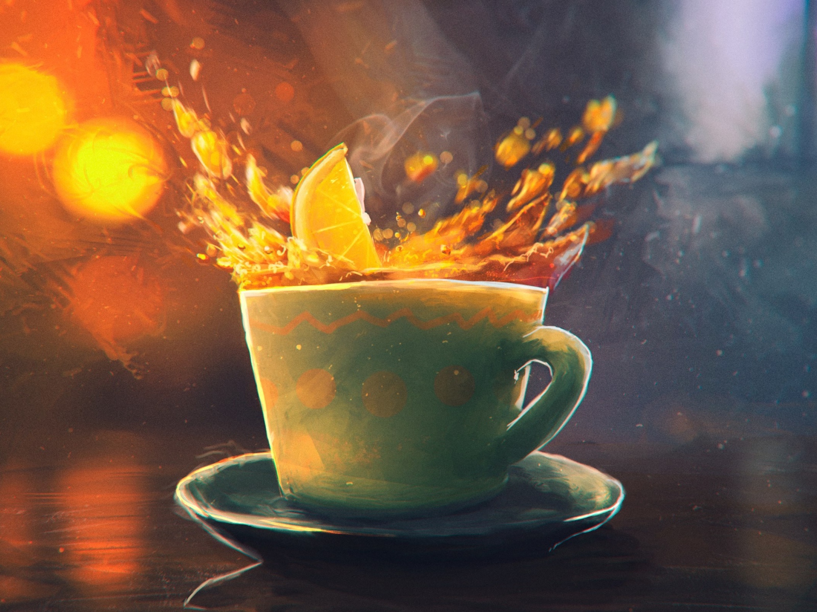 Долька апельсина падает в чашку, рисунок