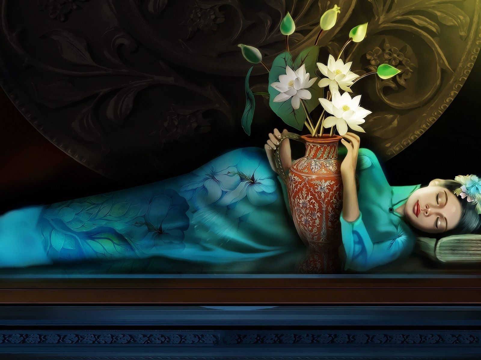 Девушка спит в обнимку с вазой