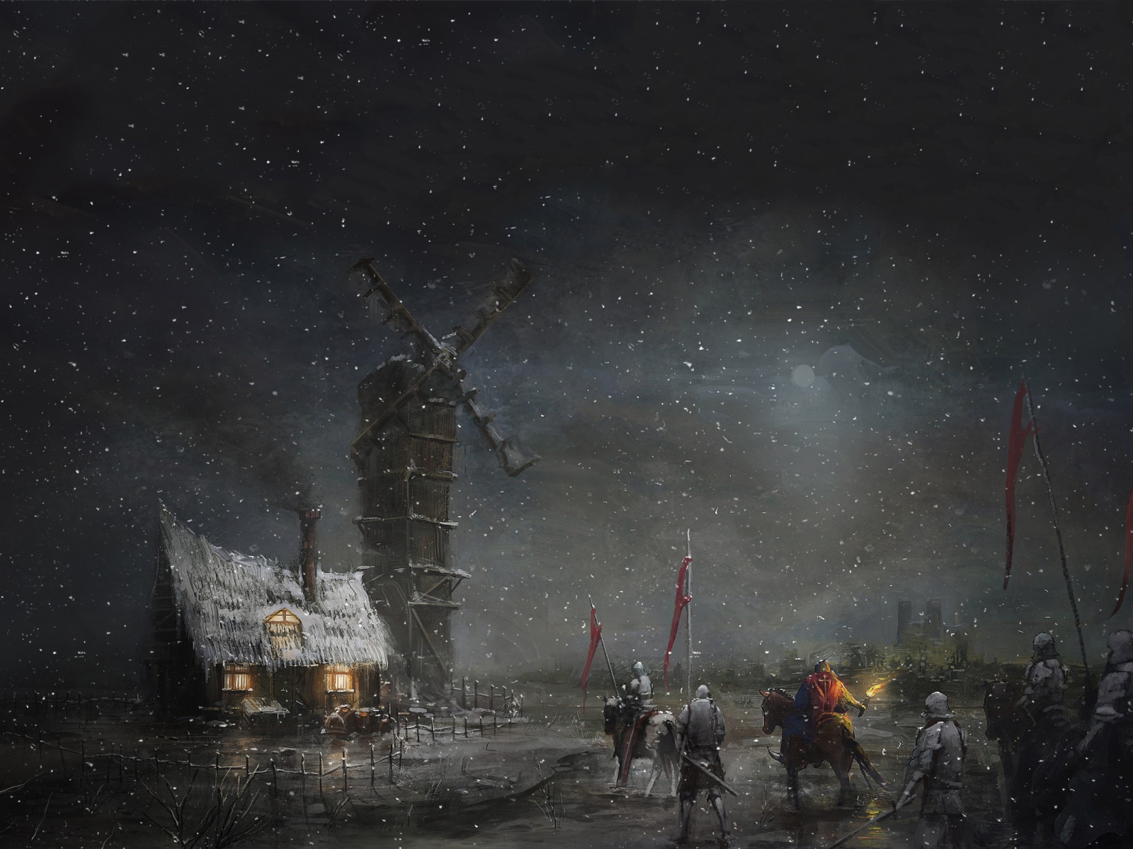 Отряд солдат у ветряной мельницы