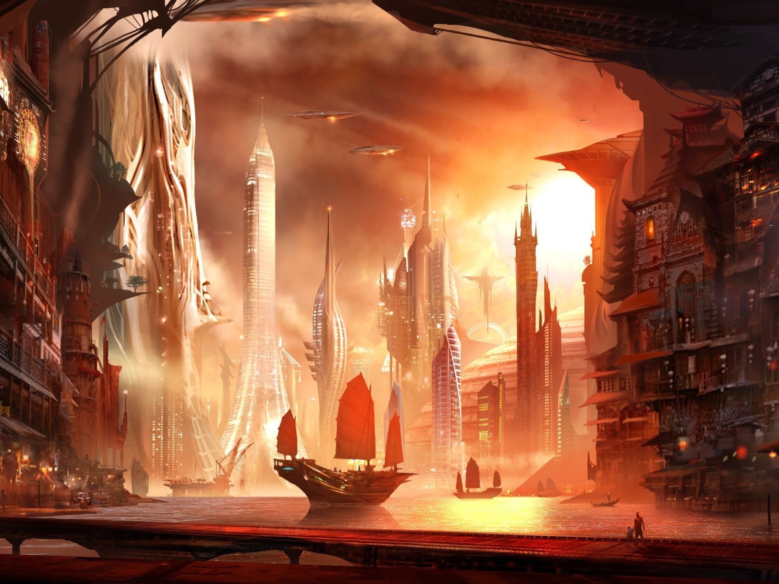 Парусник в азиатском городе будущего