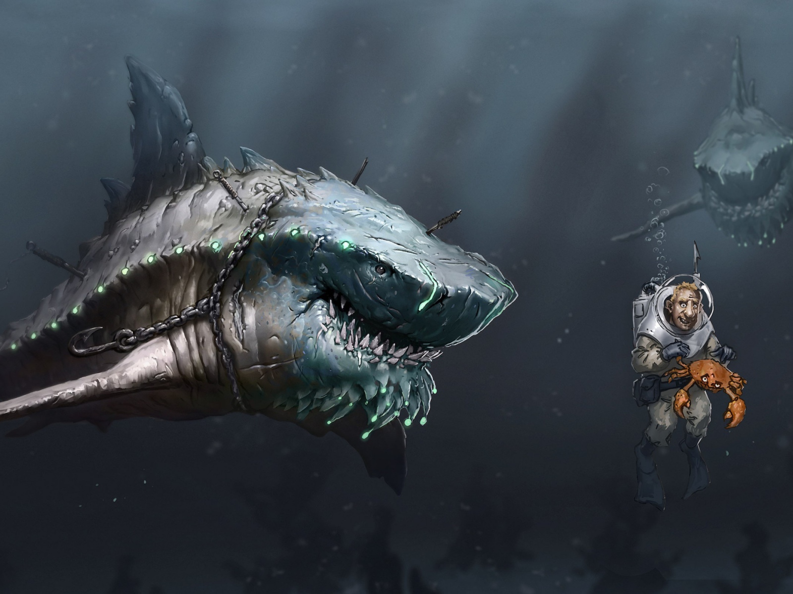 Акула в цепях охотится на дайвера