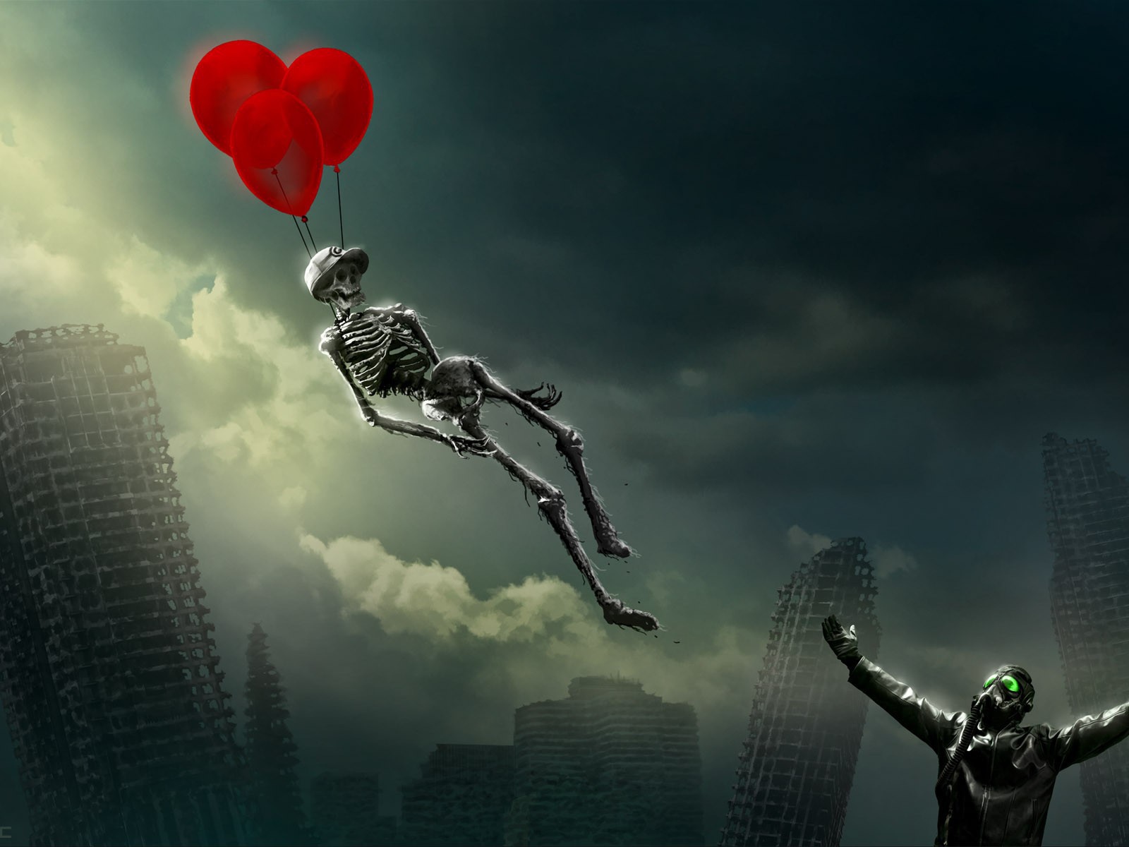 Скелет улетает на воздушных шариках