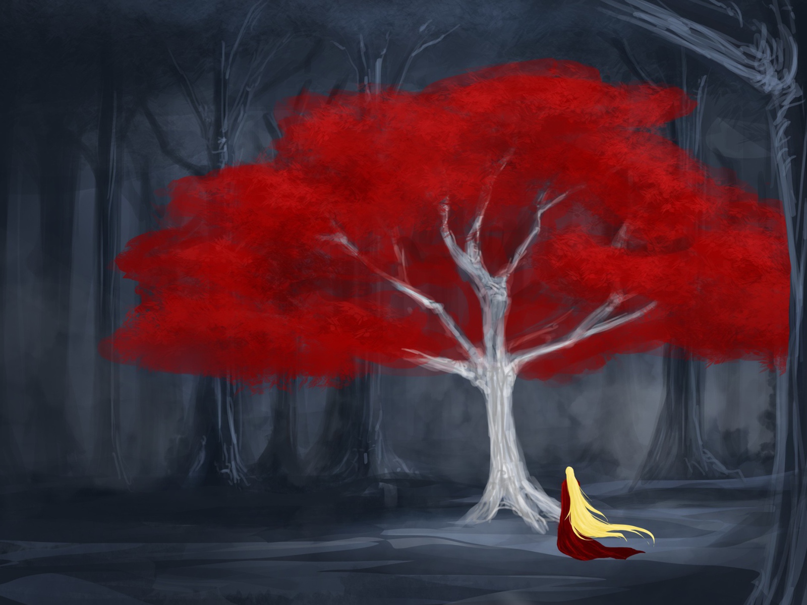 Девушка у красного дерева в мире сказок