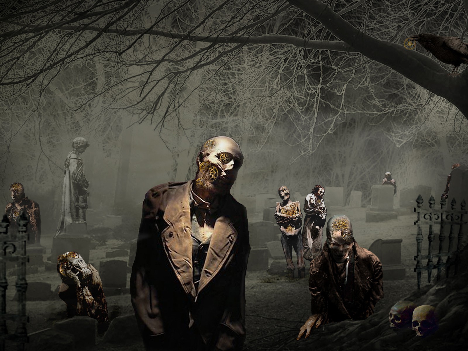 Зомби среди памятников на кладбище