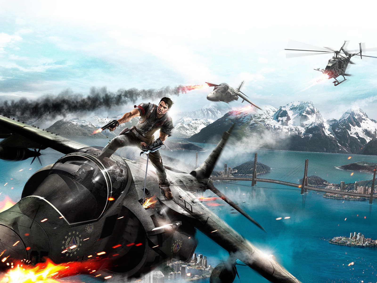Герой игры Just Cause 2 на крыше истребителя