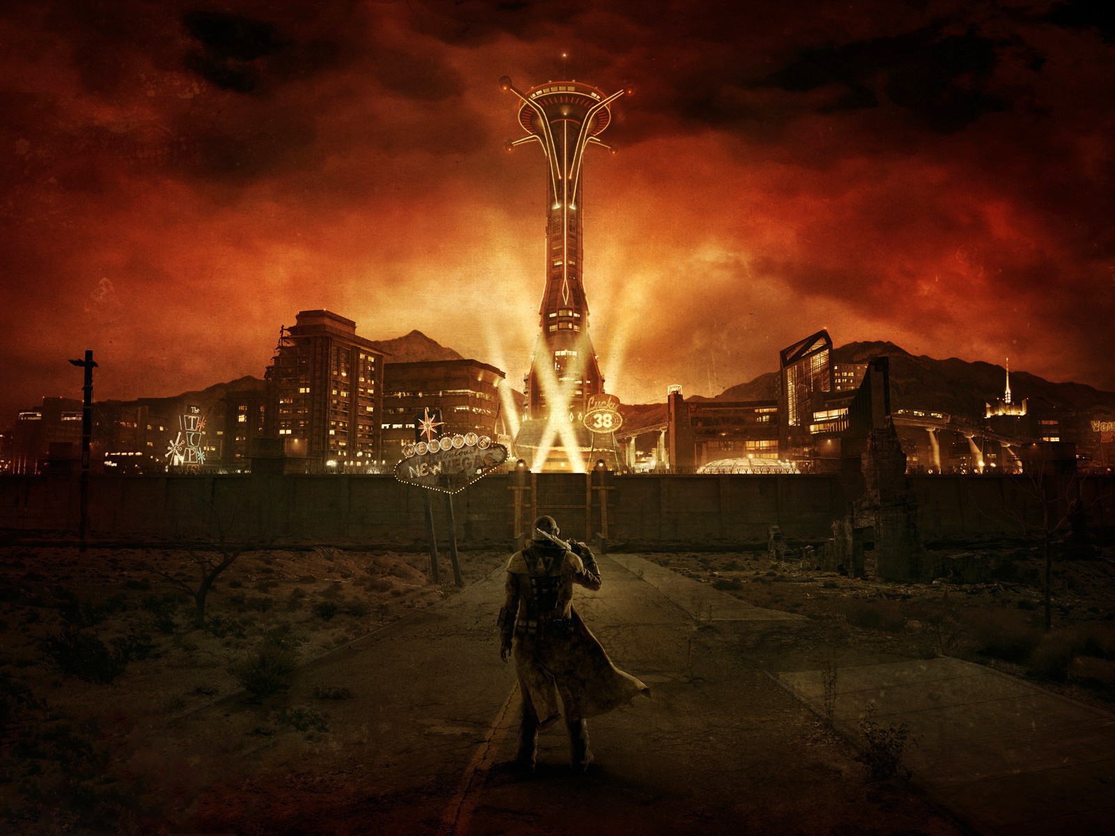 Герой игры перед стеной Нового Вегаса