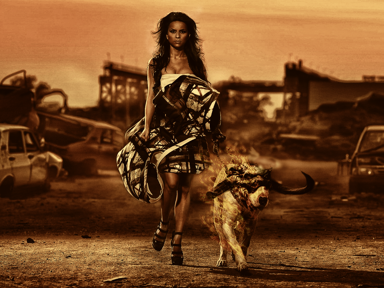 Женщина с собакой на фоне руин