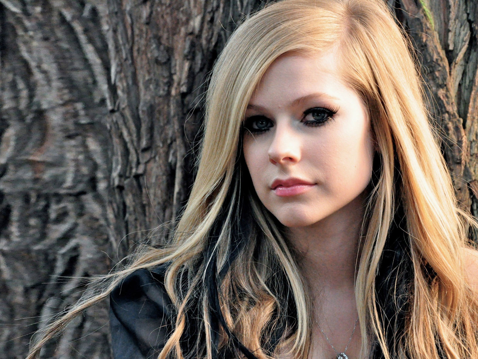 Блондинка Аврил Лавин на фоне коры дерева