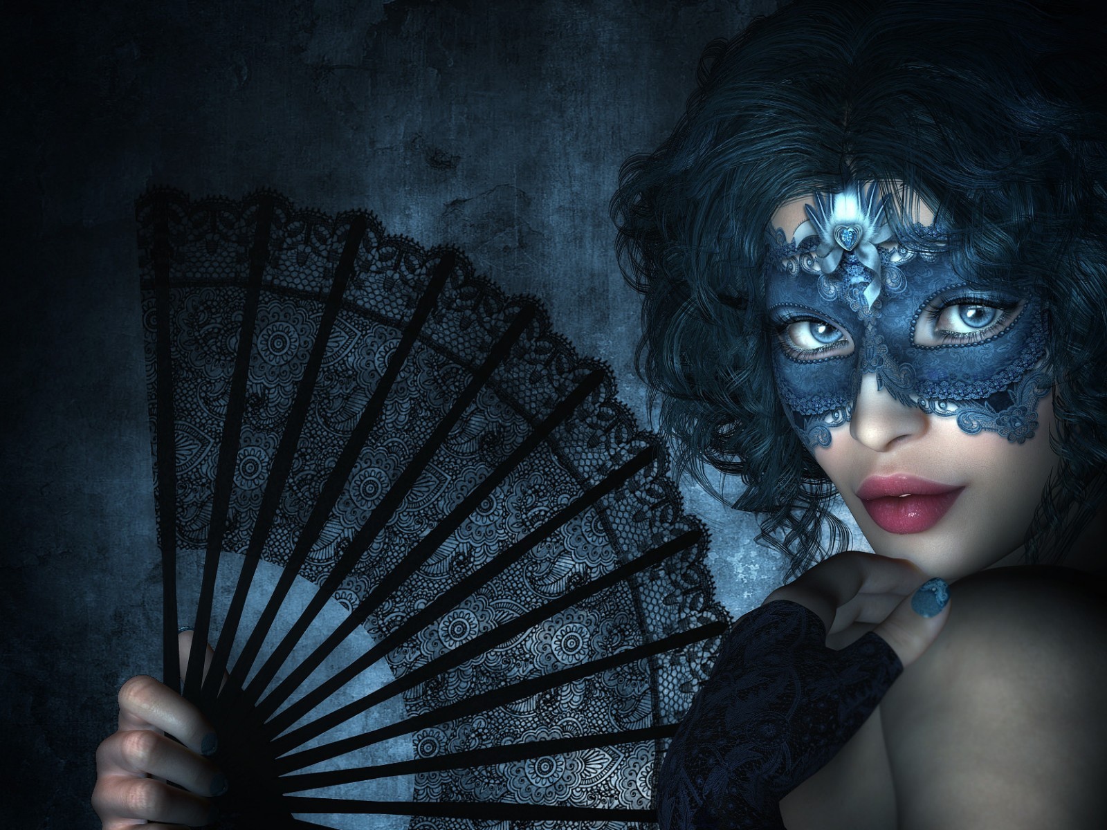 Девушка в маске с черным веером