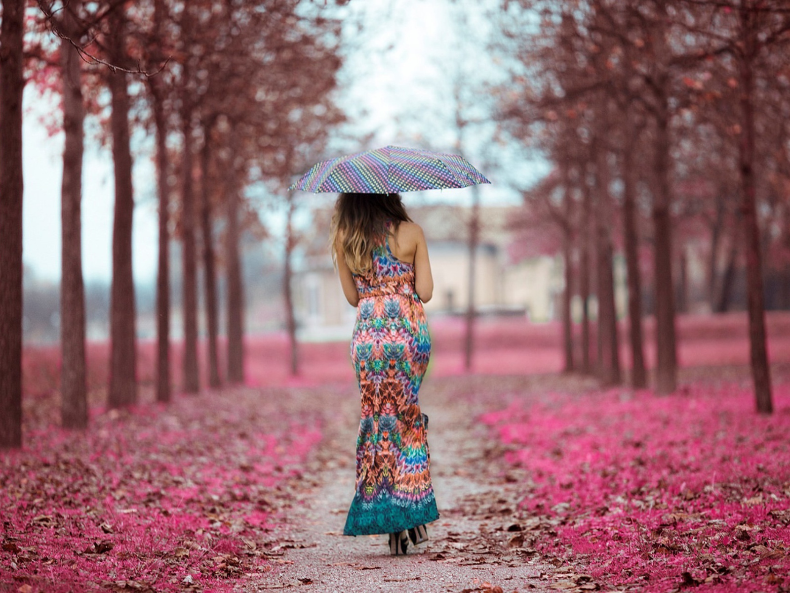 Девушка под зонтом в красивом платье идет по аллее