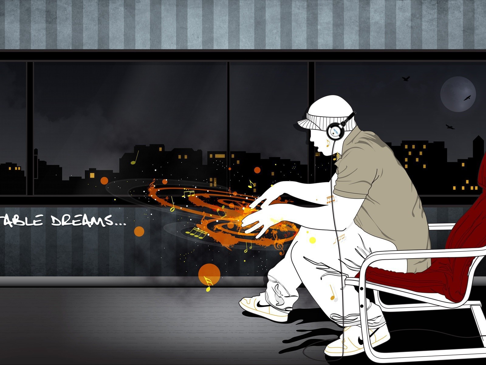 Диджей наушниках с воображаемым пультом