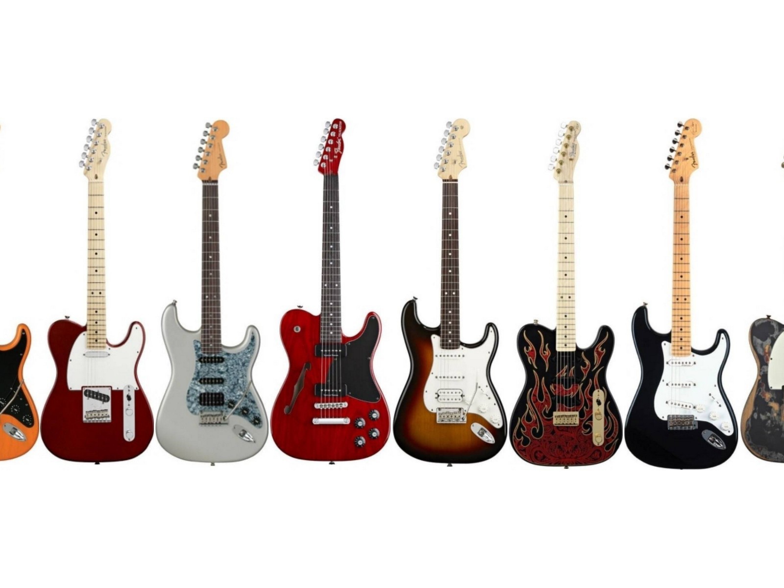 Разные гитары на белом фоне