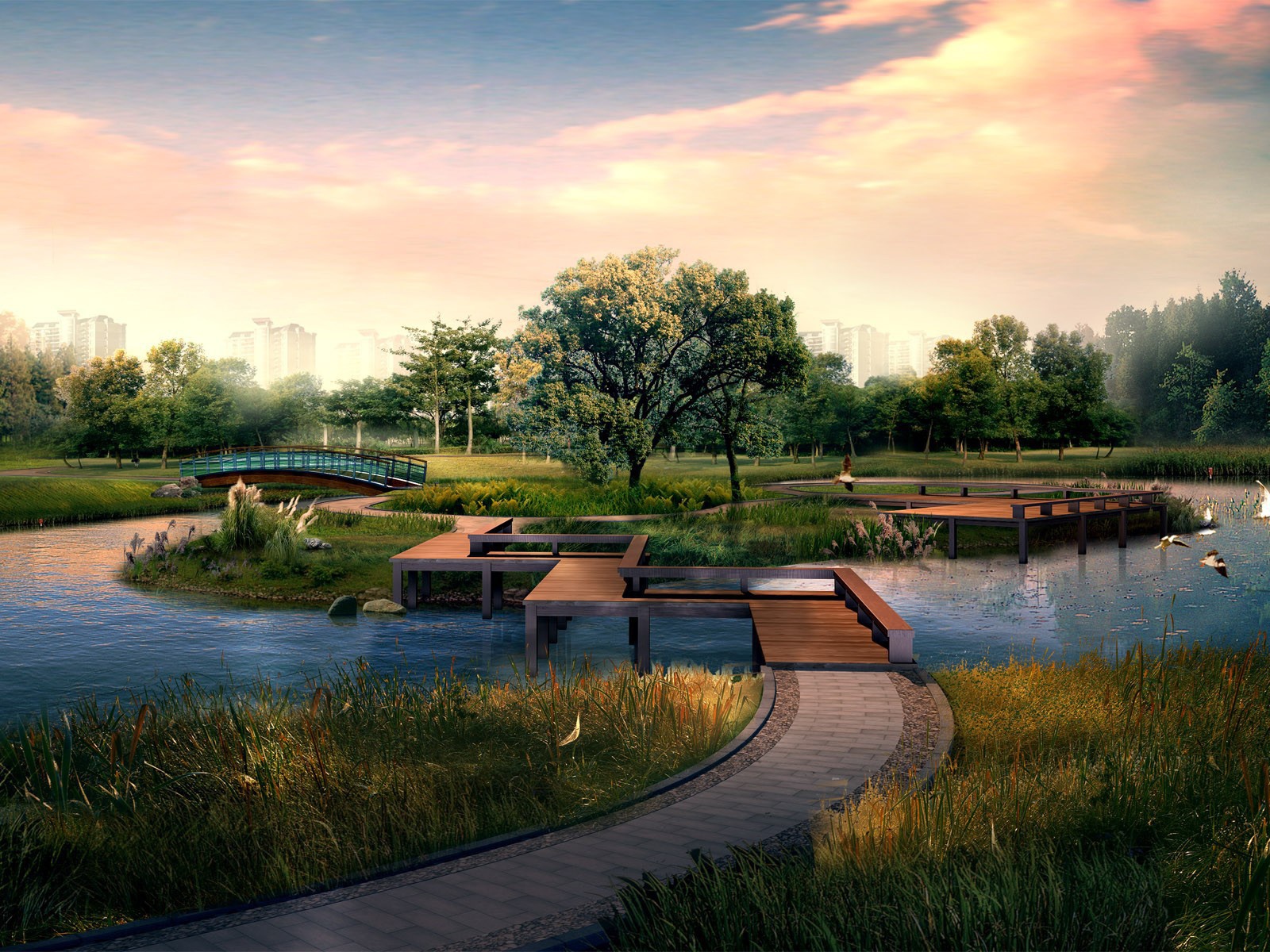 Деревянные мосты через реку в парке