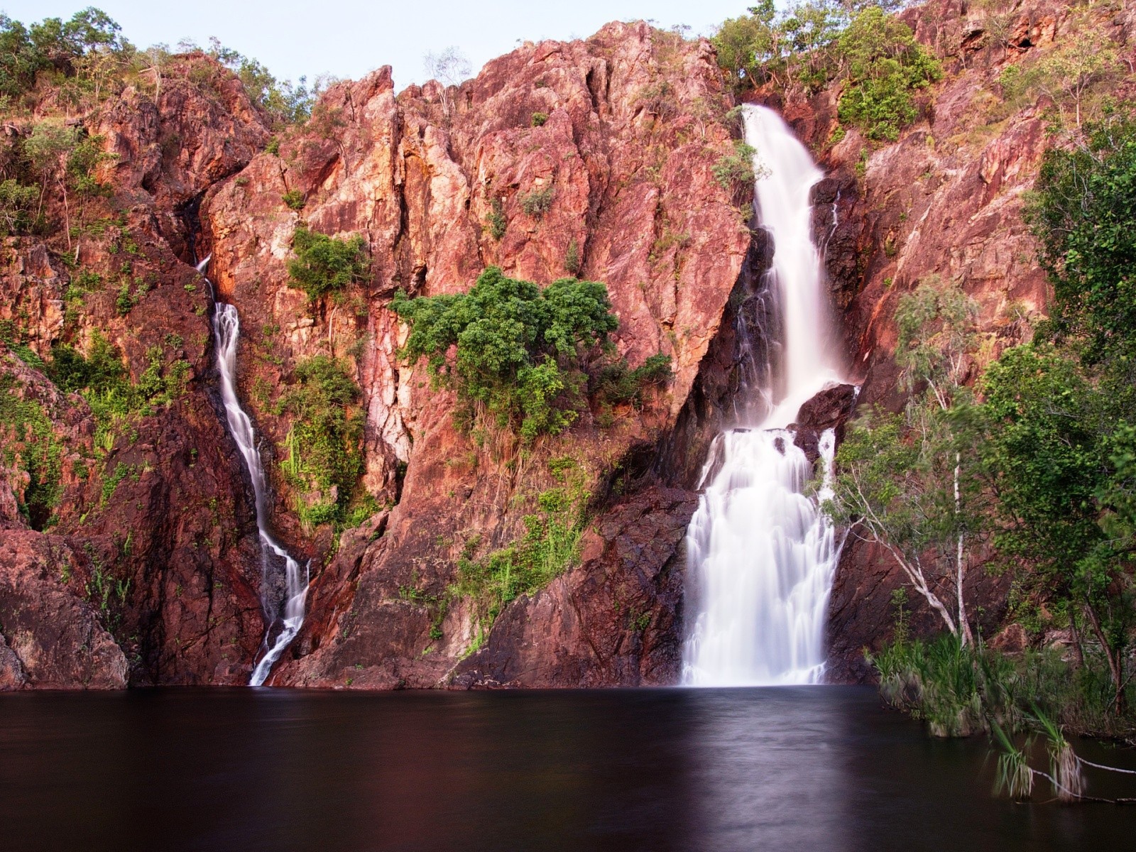 Зелень на розовых скалах с водопадом